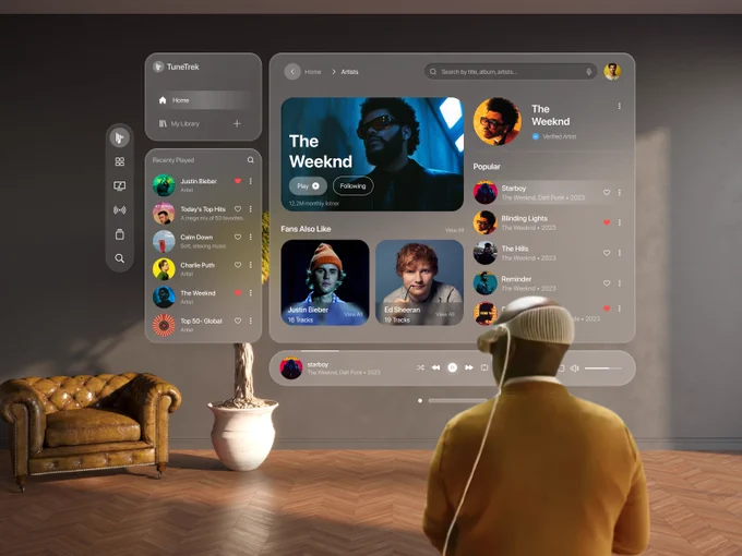 Introducing TuneTrek – an exceptional music player app that reimagines the auditory experience with the innovative Spatial UI Design concept, crafted exclusively for the Apple Vision Pro product line.