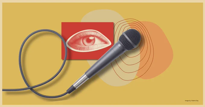 Collage of microphone and human eye