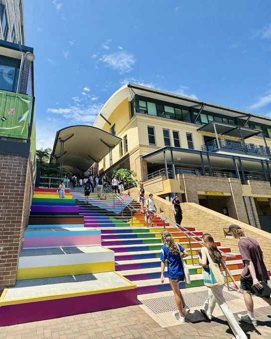 A photo of the Intersex Inclusive Progress Pride Flag painted onto the Basser Steps.