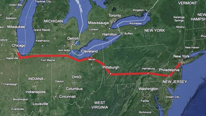 Red line that connects Chicago to NYC via Pittsburgh