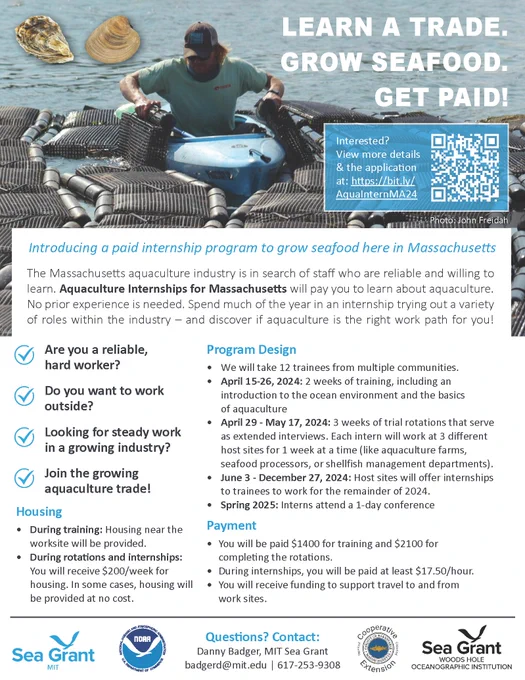 A flyer for Aquaculture Internships for Massachusetts showing a farmhand flipping oyster bags from a kayak, and an overview of the program.