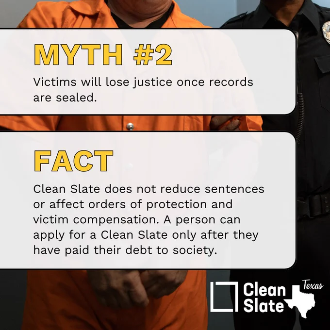 Myth#2: Victims will lose justice once records are sealed.
Fact: Clean Slate does not reduce sentences or affect orders of protection and victim compensation. A person can apply for a Clean Slate only after they have paid their debt to society. Not all charges and crimes are eligible for Clean Slate.