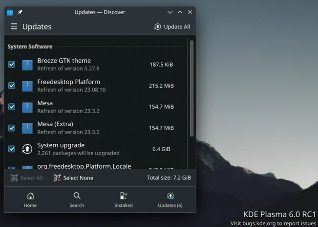Discover in Plasma 6 with Updates listed, including Breeze GTK Theme, Freedesktop Platform, etc. with the System Upgrade set of packages looking to be 6.4GB. The entire update will be 7.2GB.

KDE Plasma 6.0 RC1 is displayed at the bottom right.