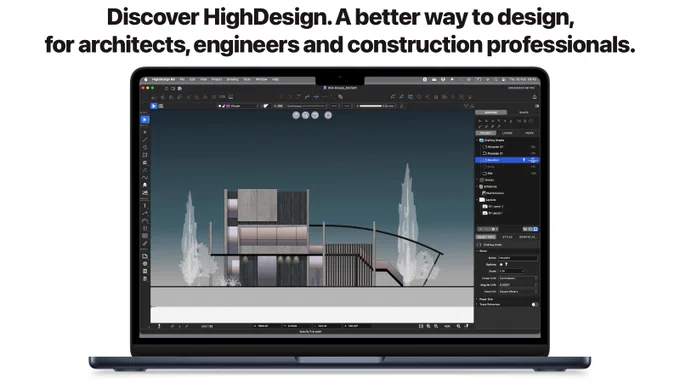 Screenshot of HighDesign, architectural design software, on a MacBook Air M2. HighDesign is a better way to design, for architects, engineers and construction professionals.
The familiar vector tools of CAD   the efficient workflows of BIM in one package.