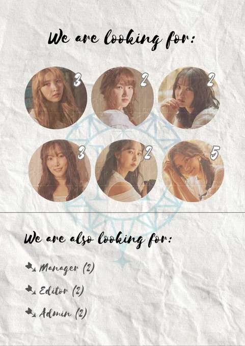 Kriteria untuk wajah dan team yang dicari :
1. Aktif dan dapat berkomunikasi dengan tim.
2. Bersedia menjadi Guest Star GFriend ketika dibutuhkan
3. Mencintai muse dan upchar menjadi bonus.
4. Menerima semua jenis Roleplayer
5. No Twins Roleplayer diperbolehkan.