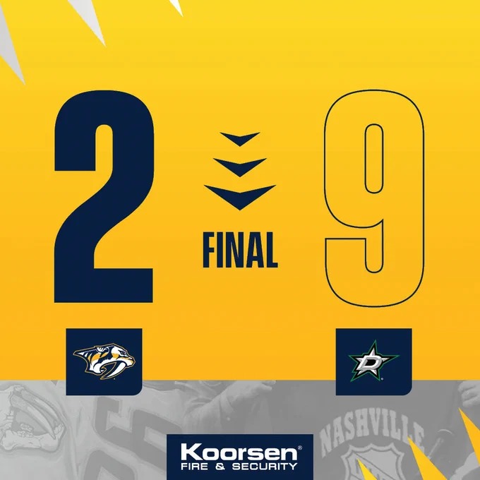 Final score graphic. On the top is the score: Nashville Predators 2, Dallas Stars 9 and text that says final. The Koorsen Fire & Security logo is at the bottom center of the graphic. 