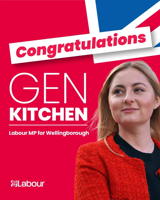Graphic with picture of Gen Kitchen in front of a Union Jack background, and the text: Congratulations Gen Kitchen, Labour MP for Wellingborough