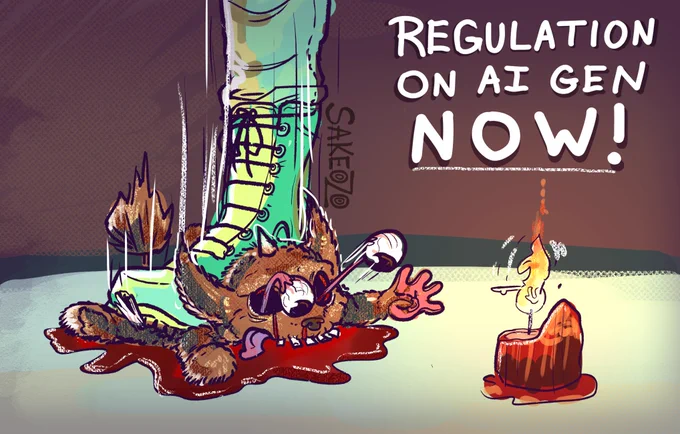 "Regulation on AI Gen now!"

Referring to the quote retweet, a small monster AI-generated by OpenAI is being mercilessly crushed by a huge boot, discolored teal green and yellow. The monster is severely injured, bleeding profusely. Both of its eyeballs have been popped out of their sockets and remain fixated on the floor. Desperately, the monster reaches out towards a candle as its flame takes seemingly laughing and mocking at the dying creature.

Next to the boot, there is a watermark by Sakeozo.