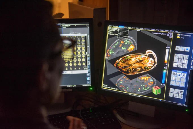 Person looking at brain images on computer screens in MRI scanner control room.