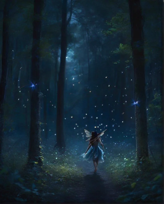 Amidst a forest's tranquil embrace, a lone firefly ballets with stars, weaving luminescent trails. Nature's nocturnal symphony plays softly as shadows dance in the moon's gentle glow.