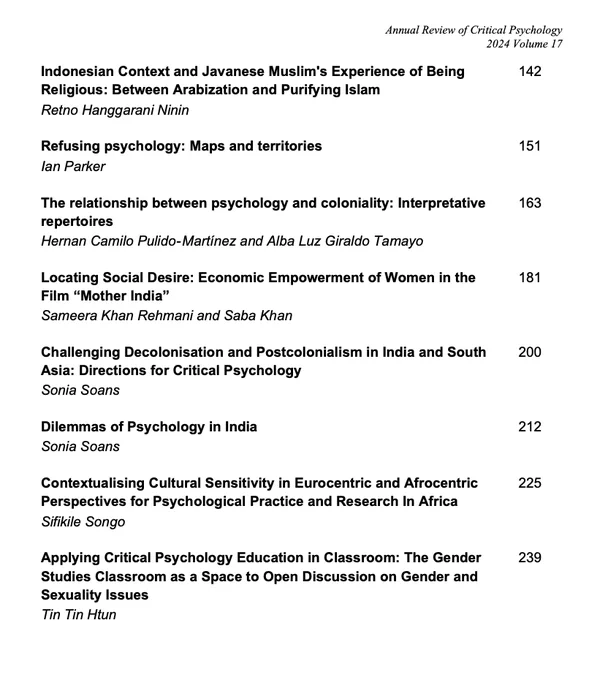 Contents page of the Annual Review of Critical Psychology