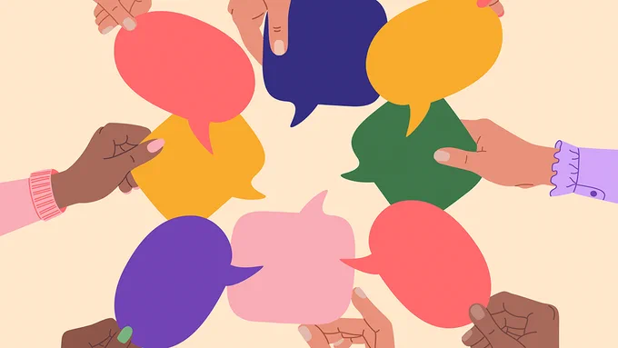 An illustration of people's hands holding speech bubbles