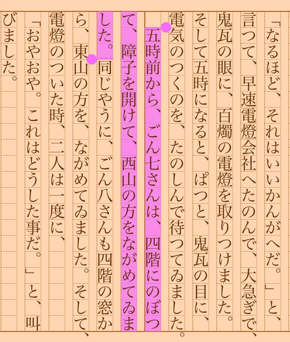 五時前から、ごん七さんは、四階にのぼつて、障子を開けて、西山の方をながめてゐました。