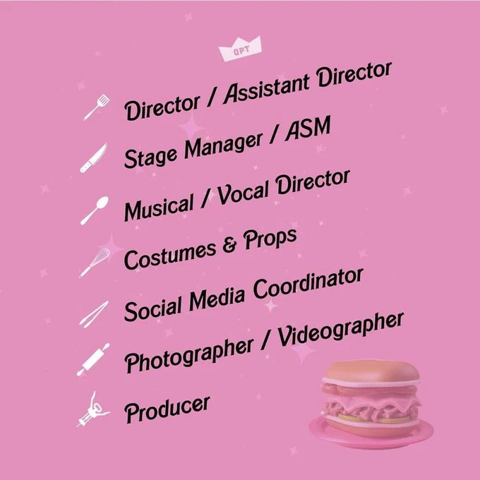 list of roles on a pink background reads: director/assistant director, stage manager/asm, musical/vocal director, costume and props, social media coordinator, photographer/videographer, and producer.”