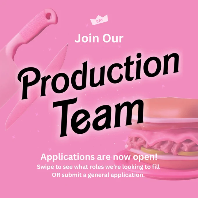 I’m A pink background with “Join our Production Team in large black letters. Underneath, in smaller font it reads: “Applications are now open! Swipe to see what roles we’re looking to fill or submit a general application. 