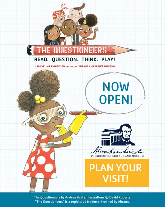 A banner image promoting The Questioneers exhibit showing Ada Twist pointing her pencil to the words "Now Open"