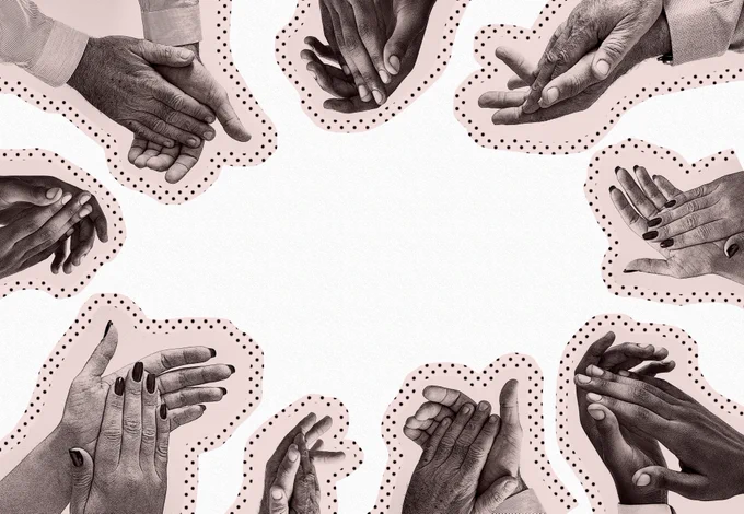 The image depicts multiple human hands, illustrated in a monochrome sketch style, surrounded by dotted line borders that create abstract shapes around each hand. The hands are arranged in a circular pattern around a central blank space, suggesting unity or collaboration.