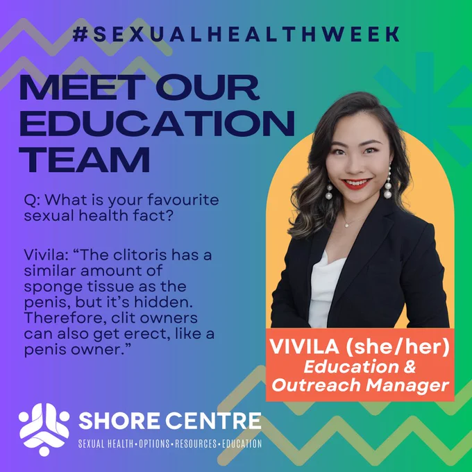 An image of a woman on a purple and green background. Text says Meet our education team. Q: "What is your favourite sexual health fact?" Vivila: "The clitoris has a similar amount of sponge tissue as the penis, but it's hidden. Therefore, clit owners can also get erect, like a penis owner." Vivila (she/her) Education & Outreach Manager