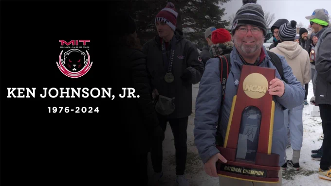 A graphic with the text "Ken Johnson, Jr. 1976-2024" on the left and a picture of Ken Johnson, Jr. holding the 2022 NCAA Men's Cross Country National Championship trophy