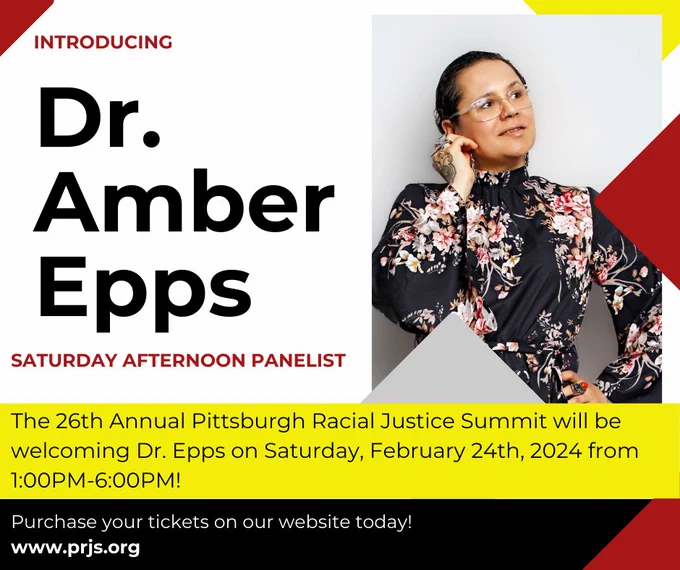 Photo of Amber Epps. The Summit is Saturday, February 24th from 1pm to 6pm. You can find out more about Dr Epps at her website amberepps.com Her CV starts with LYRICIST. ARTIST. WRITER. DJ. PROFESSOR. WITCH. CURATOR. CAT LADY. ADVOCATE. MOM.