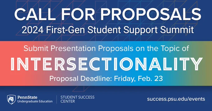 Navy graphic with white text shares details on the call for proposal for the 2024 First-Gen Student Support Summit. 