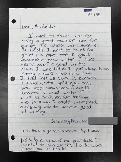 A picture of a handwritten letter from a student that talks about how they now have hope that they can become a good writer.