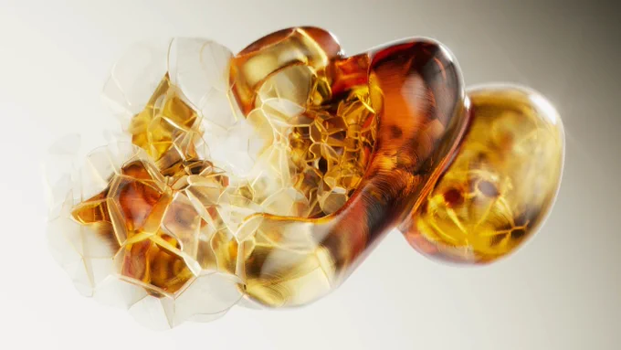 A mix of amber bubbles and crystals