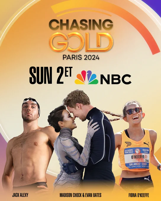 Photos of U.S. swimmer Jack Alexy, U.S. figure skaters Madison Chock and Evan Bates and U.S. long-distance runner Fiona O'Keeffe featured on a graphic promoting a new episode of Chasing Gold: Paris 2024 on Sunday, February 18 at 2 p.m. ET on NBC.
