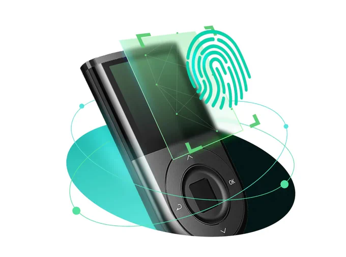 Futuristic D'CENT hardware wallet with interactive touch and secure connection interface.