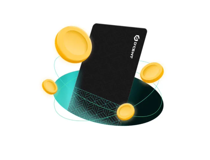 D'CENT crypto cards surrounded by symbolic digital coins, emphasizing secure transactions.