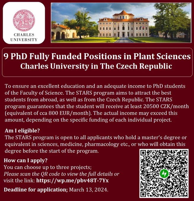 9 PhD Fully Funded Positions in Plant Sciences 🌱🧬 at Charles University in the Czech Republic
