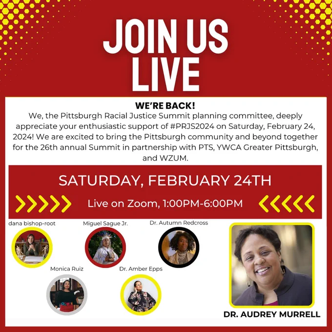 Photo of keynote speaker Dr Audrey Murell (University of Pittsburgh, and panelists Dr. Autumn Redcross (Court Watch Director, Abolitionist Law Center), Dr. Amber Epps (writer, artist, and faculty at LaRoche University), Miguel Sague Jr. (independent activist, artist, and musician), and dana bishop-root (Director of Education and Public Programs, Carnegie Museum of Art).
The event is Saturday, February 24th from 1:00pm to 6:00pm.