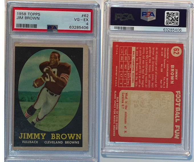 1958 Topps #62 Jim Brown, Cleveland Browns (Rookie Card), PSA 4.