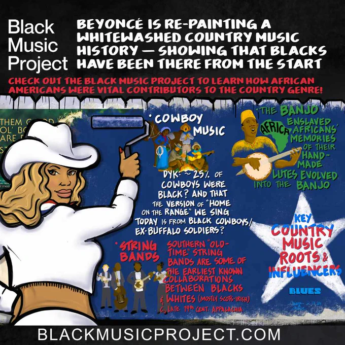 A BMP infographic showing a caricature of Beyoncé painting a fence and revealing key Black contributors to the country genre. Also, she's painting over an album by "Bo Duke."