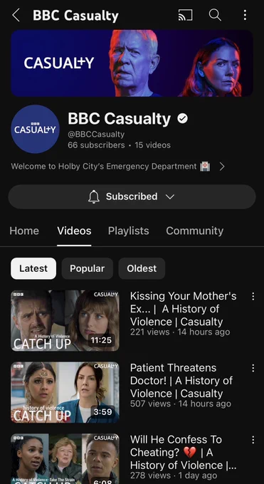 A screenshot of the official Casualty YouTube channel