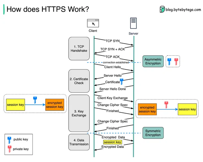The image is a diagram explaining how HTTPS works, divided into four main steps: TCP Handshake, Certificate Check, Key Exchange, and Data Transmission. It includes elements such as a client and server, with arrows showing the flow of information for connection establishment and encryption processes, using both asymmetric and symmetric encryption methods. Public and private keys, as well as session keys, are depicted with corresponding icons, illustrating their roles in securing data transmission.