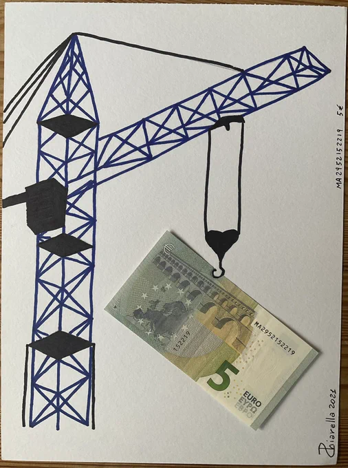 Disegno di una gru di cantiere che sorregge una banconota da 5 euro