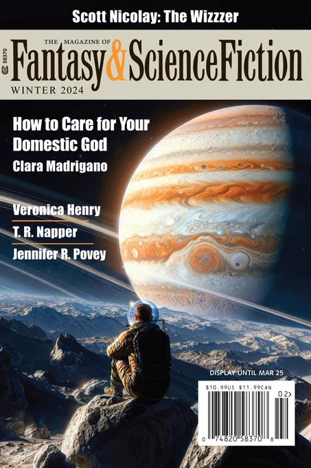 F&SF Winter 2024 issue cover, featuring an astronaut sitting on a non-earth mountaintop looking at Jupiter