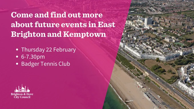 Aerial photo of East Brighton next to the words - Find out more about events in East Brighton.