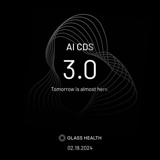 Promotional asset for version 3.0 of Glass Health's AI CDS platform launching on 02.19.2024. 