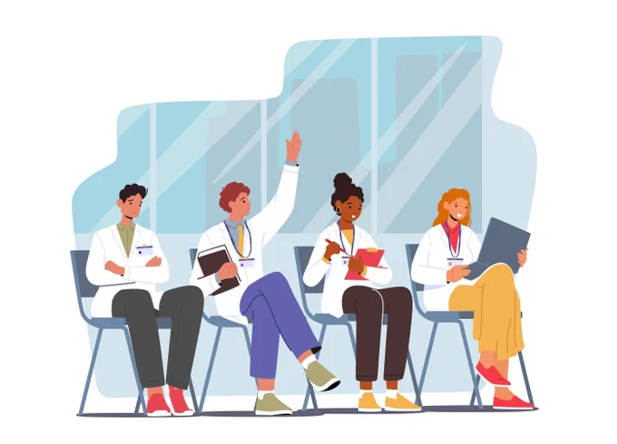 An illustration of health care workers sitting listening.