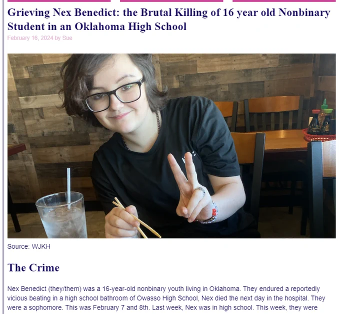 A screenshot of a new article about the death of a transgender high school student in Oklahoma. 