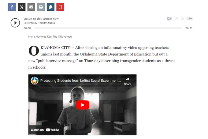 A screenshot of a newspaper article about an anti-transgender hate video put out by Ryan Walters and the Oklahoma state Department of Education. 