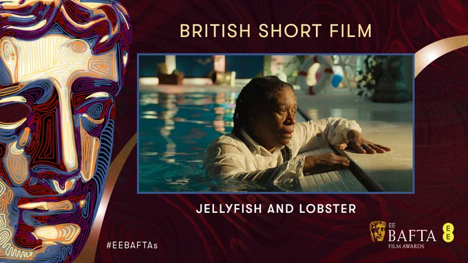 Designed graphic with illustrated BAFTA mask and image from Jellyfish and Lobster. The text reads: British Short Film - Jellyfish and Lobster
