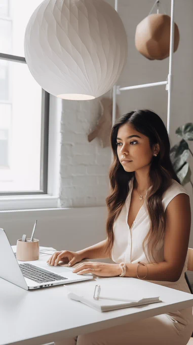 Business woman creating a website on Morphic in a modern office space