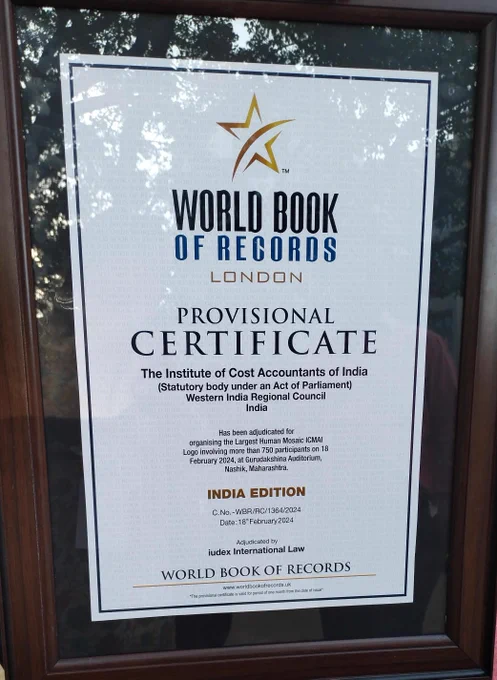 WORLD BOOK OF RECORD 
Students Regional Cost Convention 2024 at Nashik Proud about we made World book of records Largest logo formation of ICMAI logo involving over 750 participants ( Students and Members of ICMAI )
#icmaipune #wircicmai #ICMAI #iCMA #CMA #CMAStudents #CMAMembers