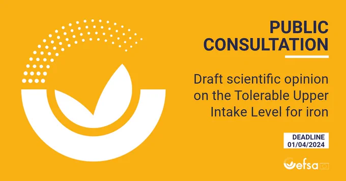 Card saying: "Public consultation - Draft scientific opinion on the Tolerable Upper Intake Level for iron"

Deadline: 01/04/2024