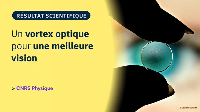 Vignette Résultat Scientifique de CNRS Physique.

Titre de l'actualité : Un vortex optique pour une meilleure vision.

Références de la publication : Spiral Diopter: Freeform Lenses With Enhanced Multifocal Behavior, Laurent Galinier, Philippe Renaud-Goud, Jean Brusau, Lucien Kergadallan, Jean Augereau et Bertrand Simon, Optica, publié le 02/01/2024.

Figure : La lentille de contact à dioptre spiralé permet d'avoir une focalisation claire à différentes distances © Laurent Galinier.