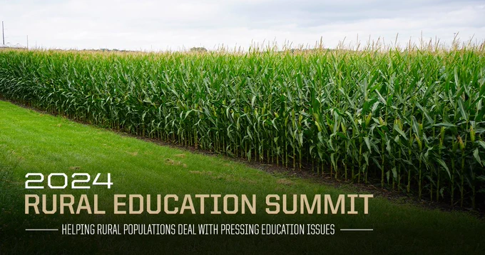 Cornfield with text about 2024 Rural Education Summit