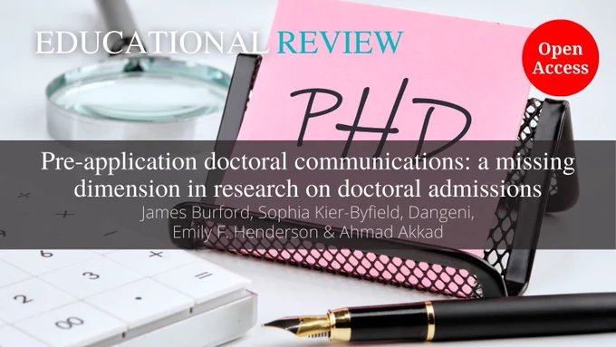 The background image is the word ‘PHD’ on a pink sticker on a black stand, next to a pen, calculator and magnifying glass. This is overlaid with the ‘Educational Review’ journal title at the top. In the middle is the article title and author name(s): ‘Pre-application doctoral communications: a missing dimension in research on doctoral admissions,’ by James Burford, Sophia Kier-Byfield, Dangeni, Emily F. Henderson & Ahmad Akkad. The words “Open Access” appear in a red circle.